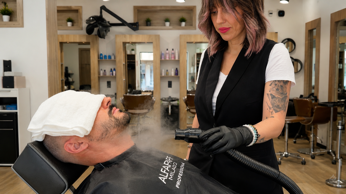 Estilista aplicando vapor durante un tratamiento en KBELLOS peluqueros