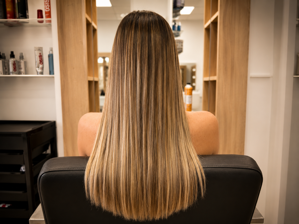 Cabello liso y brillante tras tratamiento de queratina en KBELLOS peluqueros