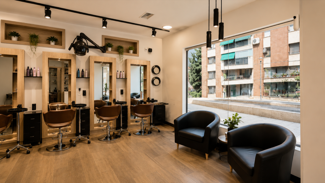 Zona de peinado y espera del salón KBELLOS peluqueros