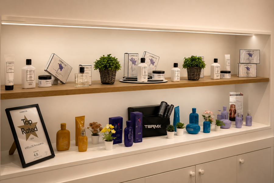Expositor de productos profesionales de tratamiento capilar en KBELLOS peluqueros